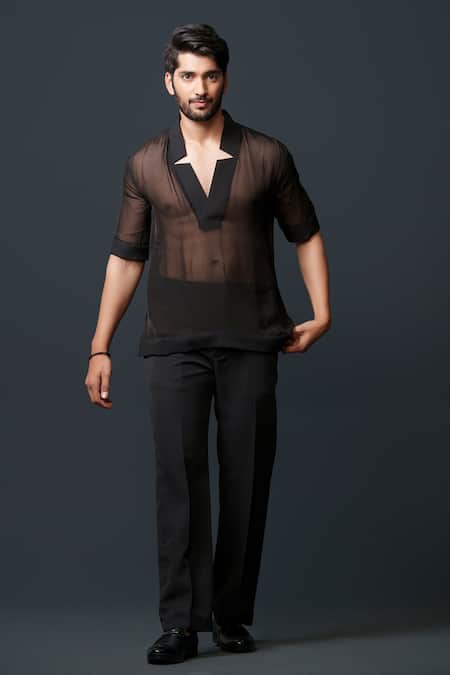 Niloufer By Aasif Ally_Black Tissue, Crepe, Cotton Sheer Top And Pant Set _at_Aza_Fashions