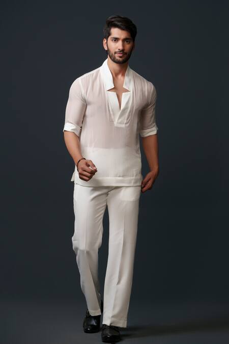 Niloufer By Aasif Ally_White Tissue, Crepe, Cotton Solid Sheer Top And Pant Set _Online_at_Aza_Fashions