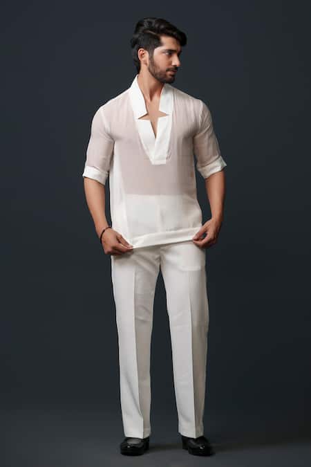 Buy_Niloufer By Aasif Ally_White Tissue, Crepe, Cotton Solid Sheer Top And Pant Set _Online_at_Aza_Fashions