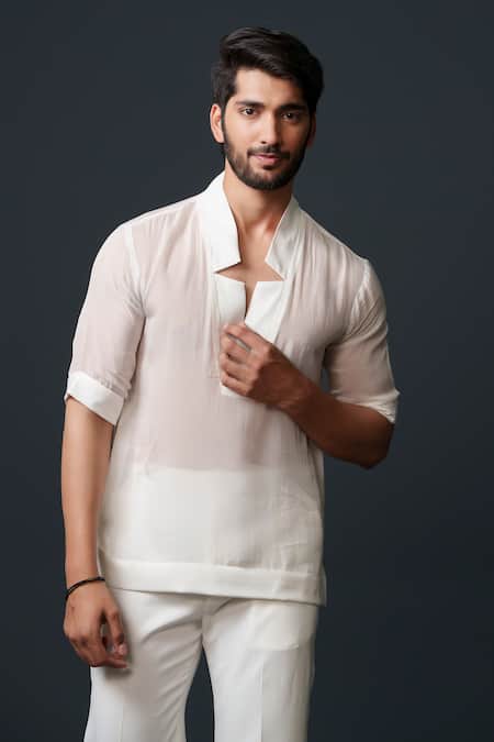 Shop_Niloufer By Aasif Ally_White Tissue, Crepe, Cotton Solid Sheer Top And Pant Set _Online_at_Aza_Fashions