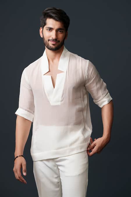 Buy_Niloufer By Aasif Ally_White Tissue, Crepe, Cotton Solid Sheer Top And Pant Set 