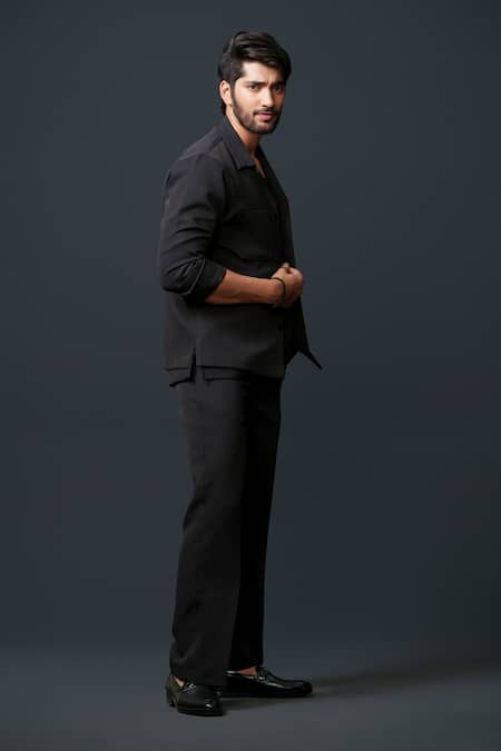 Niloufer By Aasif Ally_Black Tissue, Crepe, Cotton Beads, Sequins, Embroidery Reindeer Jacket Pant Set _Online_at_Aza_Fashions