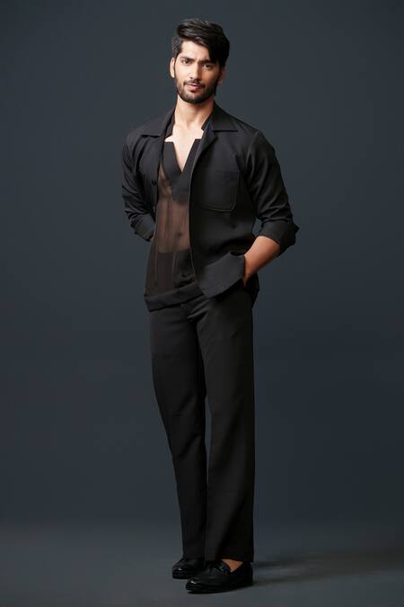 Buy_Niloufer By Aasif Ally_Black Tissue, Crepe, Cotton Beads, Sequins, Embroidery Reindeer Jacket Pant Set _Online_at_Aza_Fashions