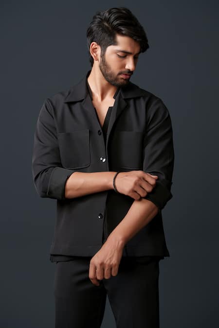 Shop_Niloufer By Aasif Ally_Black Tissue, Crepe, Cotton Beads, Sequins, Embroidery Reindeer Jacket Pant Set _Online_at_Aza_Fashions