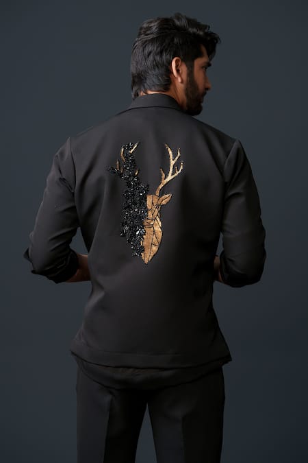 Niloufer By Aasif Ally_Black Tissue, Crepe, Cotton Beads, Sequins, Embroidery Reindeer Jacket Pant Set _at_Aza_Fashions