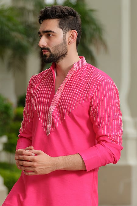 Buy_Niloufer By Aasif Ally_Fuchsia Silk Cut Work Embroidered Kurta Set _Online_at_Aza_Fashions