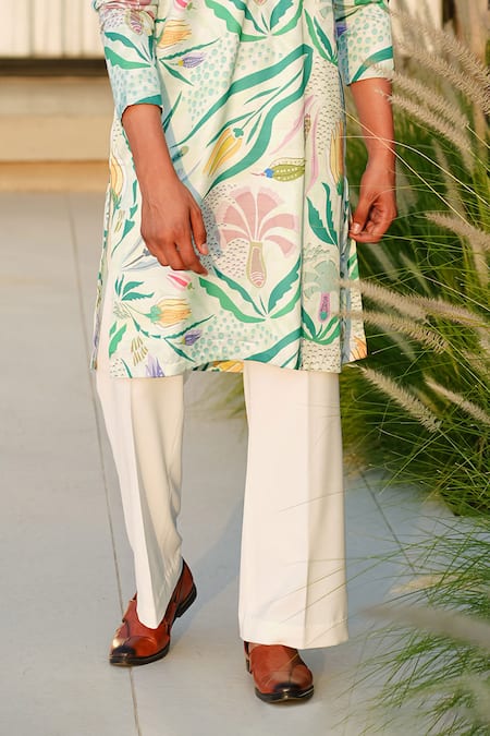 Niloufer By Aasif Ally_Green Linen, Silk, Crepe Embroidery Floral Printed Kurta Set _Online_at_Aza_Fashions