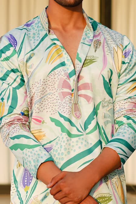 Buy_Niloufer By Aasif Ally_Green Linen, Silk, Crepe Embroidery Floral Printed Kurta Set _Online_at_Aza_Fashions