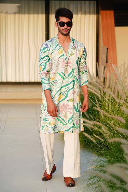 Shop_Niloufer By Aasif Ally_Green Linen, Silk, Crepe Embroidery Floral Printed Kurta Set _Online_at_Aza_Fashions