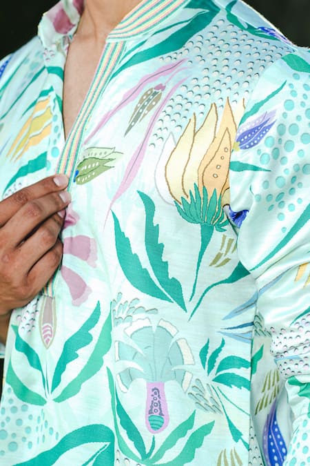 Niloufer By Aasif Ally_Green Linen, Silk, Crepe Embroidery Floral Printed Kurta Set _at_Aza_Fashions