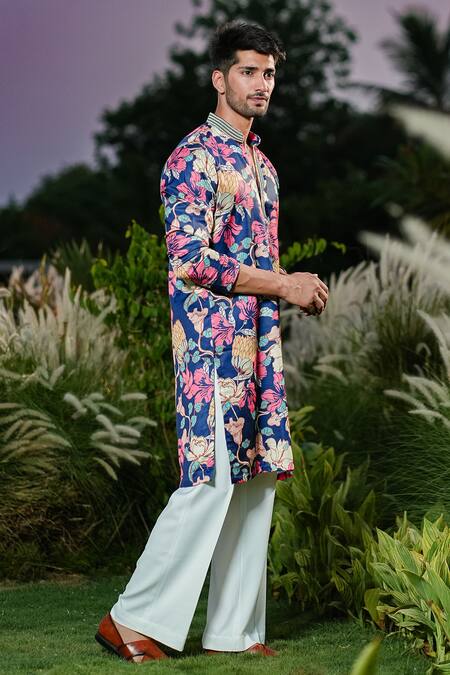 Buy Niloufer By Aasif Ally Blue Linen, Crepe Embroidery Floral Printed Kurta Set Online at Aza Fashions Buy_Niloufer By Aasif Ally_Blue Linen, Crepe Embroidery Floral Printed Kurta Set_Online_at_Aza_Fashions