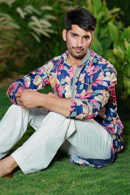 Shop Niloufer By Aasif Ally Blue Linen, Crepe Embroidery Floral Printed Kurta Set Online at Aza Fashions Shop_Niloufer By Aasif Ally_Blue Linen, Crepe Embroidery Floral Printed Kurta Set_Online_at_Aza_Fashions