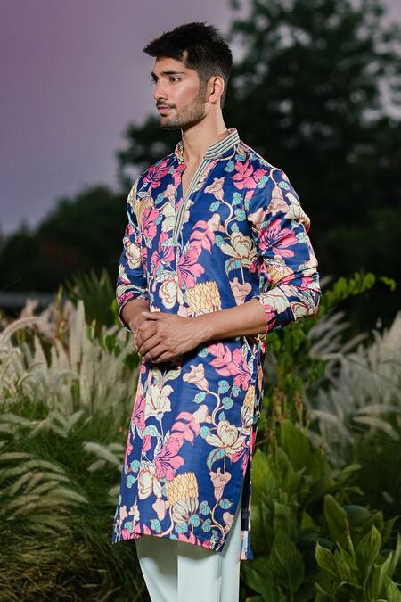 Niloufer By Aasif Ally Blue Linen, Crepe Embroidery Floral Printed Kurta Set at Aza Fashions Niloufer By Aasif Ally_Blue Linen, Crepe Embroidery Floral Printed Kurta Set_at_Aza_Fashions