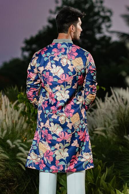 Shop Niloufer By Aasif Ally Blue Linen, Crepe Embroidery Floral Printed Kurta Set at Aza Fashions Shop_Niloufer By Aasif Ally_Blue Linen, Crepe Embroidery Floral Printed Kurta Set_at_Aza_Fashions