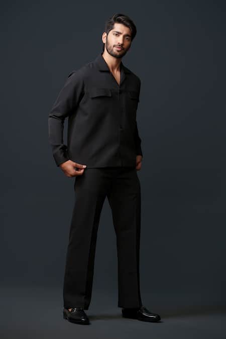 Niloufer By Aasif Ally_Black Embroidery Banana Crepe Blazer And Pant Set _Online_at_Aza_Fashions