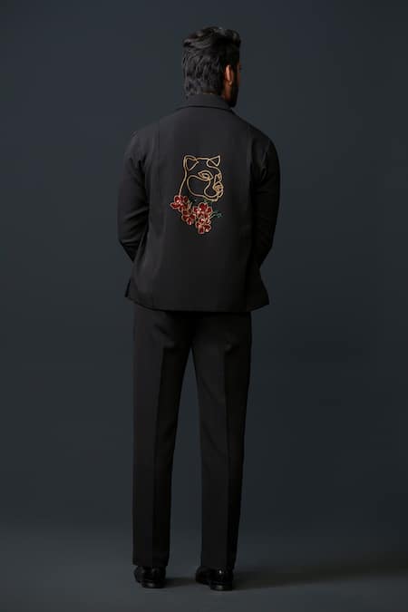 Shop_Niloufer By Aasif Ally_Black Embroidery Banana Crepe Blazer And Pant Set _at_Aza_Fashions