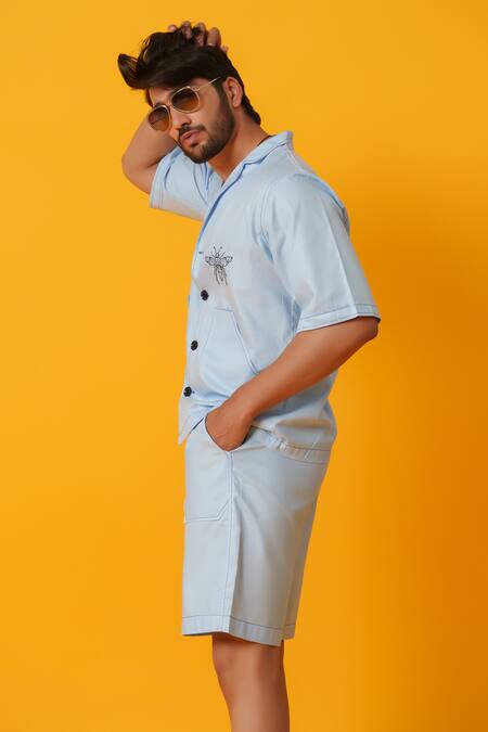 Niloufer By Aasif Ally_Blue Cotton Embroidery Minimal Thread Work Coord Set _Online_at_Aza_Fashions