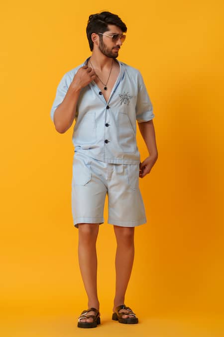 Buy_Niloufer By Aasif Ally_Blue Cotton Embroidery Minimal Thread Work Coord Set _Online_at_Aza_Fashions