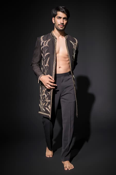 Niloufer By Aasif Ally Black Zardozi Handwork Achkan Jacket & Trouser 