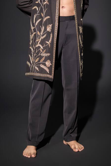 Niloufer By Aasif Ally_Black Cotton, Crepe Embroidery Zardozi Handwork Achkan Jacket And Trouser _Online_at_Aza_Fashions