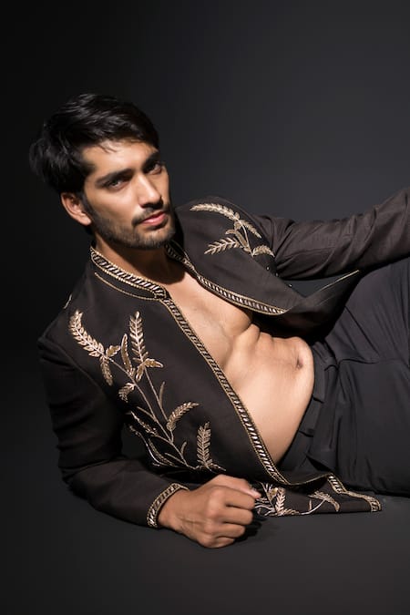 Buy_Niloufer By Aasif Ally_Black Cotton, Crepe Embroidery Zardozi Handwork Achkan Jacket And Trouser _Online_at_Aza_Fashions