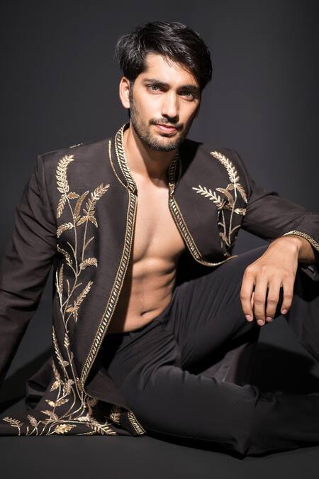 Shop_Niloufer By Aasif Ally_Black Cotton, Crepe Embroidery Zardozi Handwork Achkan Jacket And Trouser _Online_at_Aza_Fashions