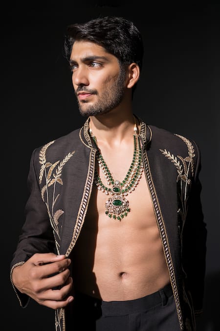 Niloufer By Aasif Ally_Black Cotton, Crepe Embroidery Zardozi Handwork Achkan Jacket And Trouser _at_Aza_Fashions