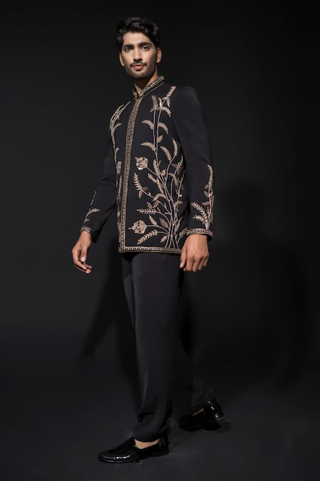 Buy_Niloufer By Aasif Ally_Black Cotton Embroidery Zardozi Jodhpuri Set _Online_at_Aza_Fashions