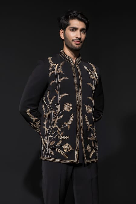 Shop_Niloufer By Aasif Ally_Black Cotton Embroidery Zardozi Jodhpuri Set _Online_at_Aza_Fashions