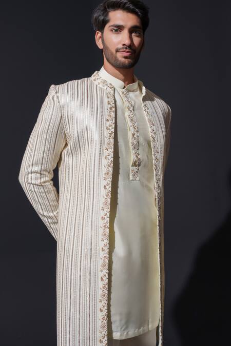 Buy_Niloufer By Aasif Ally_Cream Georgette, Silk Sequins Gold Sequence Kurta Set _Online_at_Aza_Fashions