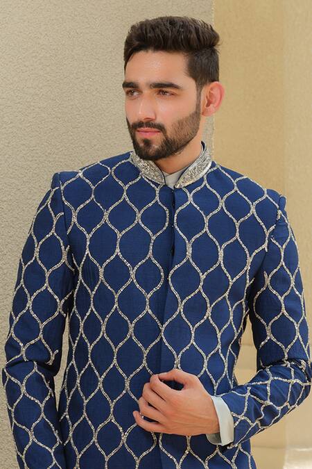 Buy_Niloufer By Aasif Ally_Blue Silk Embroidery Jodhpuri Set _Online_at_Aza_Fashions