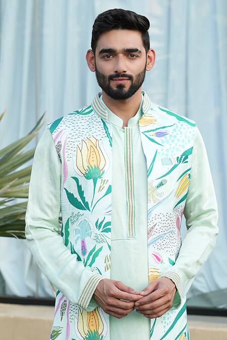 Niloufer By Aasif Ally Green Linen, Silk, Crepe Embroidery Floral Print Indowestern Set Online at Aza Fashions Niloufer By Aasif Ally_Green Linen, Silk, Crepe Embroidery Floral Print Indowestern Set_Online_at_Aza_Fashions