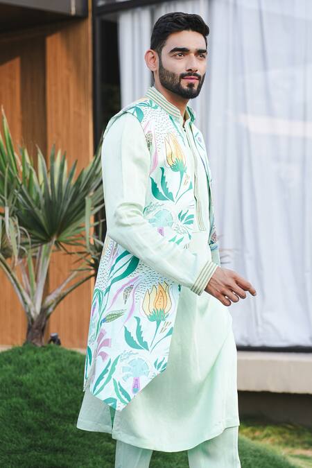 Buy Niloufer By Aasif Ally Green Linen, Silk, Crepe Embroidery Floral Print Indowestern Set Online at Aza Fashions Buy_Niloufer By Aasif Ally_Green Linen, Silk, Crepe Embroidery Floral Print Indowestern Set_Online_at_Aza_Fashions