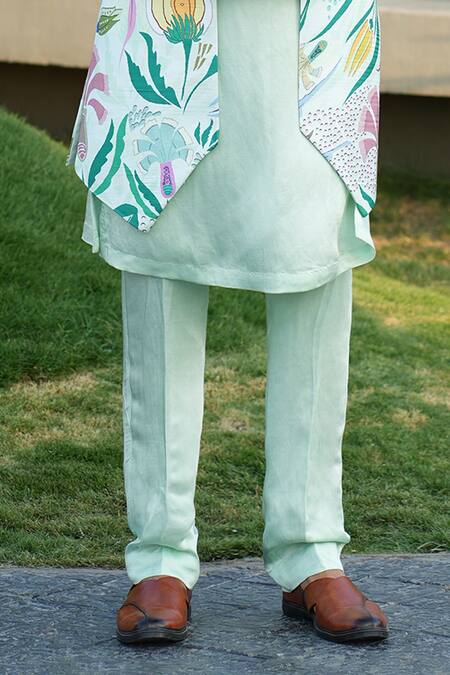 Shop Niloufer By Aasif Ally Green Linen, Silk, Crepe Embroidery Floral Print Indowestern Set Online at Aza Fashions Shop_Niloufer By Aasif Ally_Green Linen, Silk, Crepe Embroidery Floral Print Indowestern Set_Online_at_Aza_Fashions