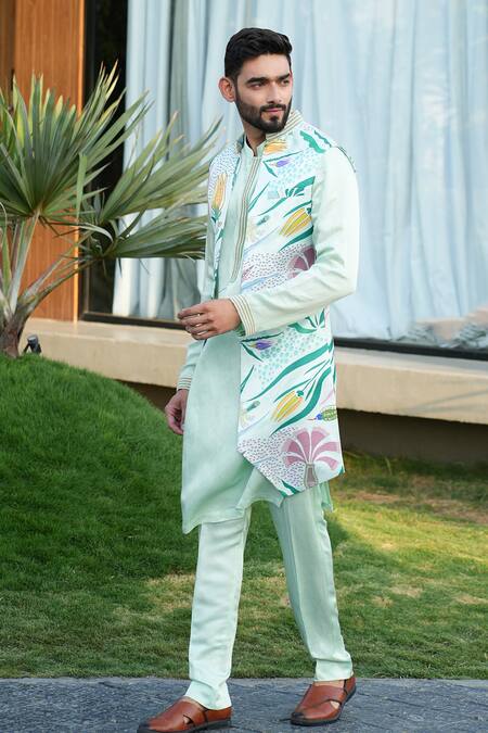 Niloufer By Aasif Ally Green Linen, Silk, Crepe Embroidery Floral Print Indowestern Set at Aza Fashions Niloufer By Aasif Ally_Green Linen, Silk, Crepe Embroidery Floral Print Indowestern Set_at_Aza_Fashions