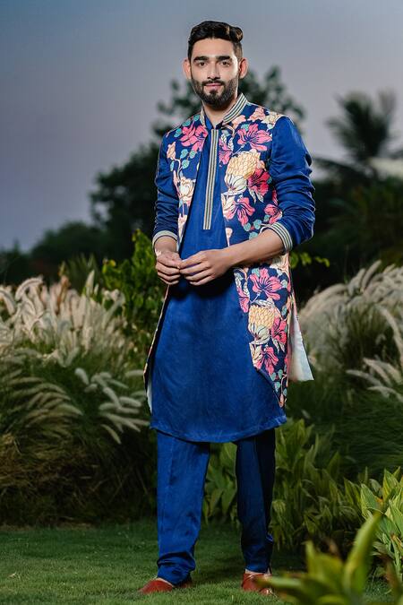 Buy Niloufer By Aasif Ally Blue Linen, Silk, Crepe Embroidery Floral Printed Indowestern Set Online at Aza Fashions Buy_Niloufer By Aasif Ally_Blue Linen, Silk, Crepe Embroidery Floral Printed Indowestern Set_Online_at_Aza_Fashions