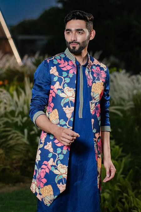 Shop Niloufer By Aasif Ally Blue Linen, Silk, Crepe Embroidery Floral Printed Indowestern Set Online at Aza Fashions Shop_Niloufer By Aasif Ally_Blue Linen, Silk, Crepe Embroidery Floral Printed Indowestern Set_Online_at_Aza_Fashions