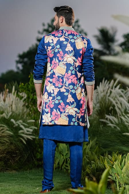 Niloufer By Aasif Ally Floral Printed Blue Linen Silk Indowestern Set 