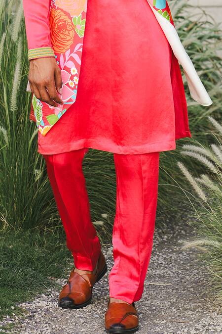 Niloufer By Aasif Ally Red Linen, Silk, Crepe Embroidery Floral Printed Indowestern Set Online at Aza Fashions Niloufer By Aasif Ally_Red Linen, Silk, Crepe Embroidery Floral Printed Indowestern Set_Online_at_Aza_Fashions