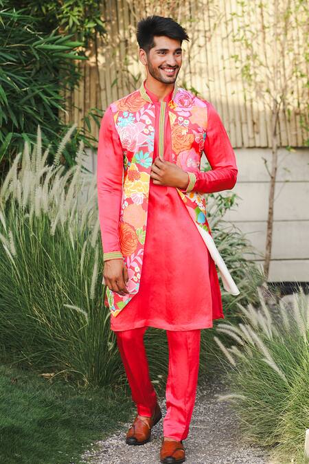 Buy Niloufer By Aasif Ally Red Linen, Silk, Crepe Embroidery Floral Printed Indowestern Set Online at Aza Fashions Buy_Niloufer By Aasif Ally_Red Linen, Silk, Crepe Embroidery Floral Printed Indowestern Set_Online_at_Aza_Fashions