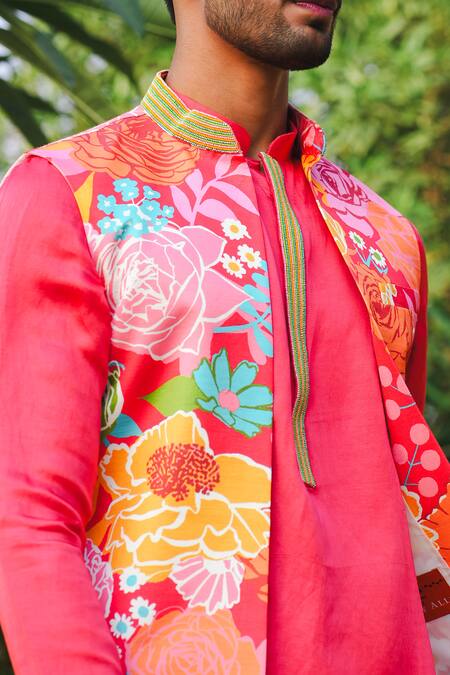 Shop Niloufer By Aasif Ally Red Linen, Silk, Crepe Embroidery Floral Printed Indowestern Set Online at Aza Fashions Shop_Niloufer By Aasif Ally_Red Linen, Silk, Crepe Embroidery Floral Printed Indowestern Set_Online_at_Aza_Fashions