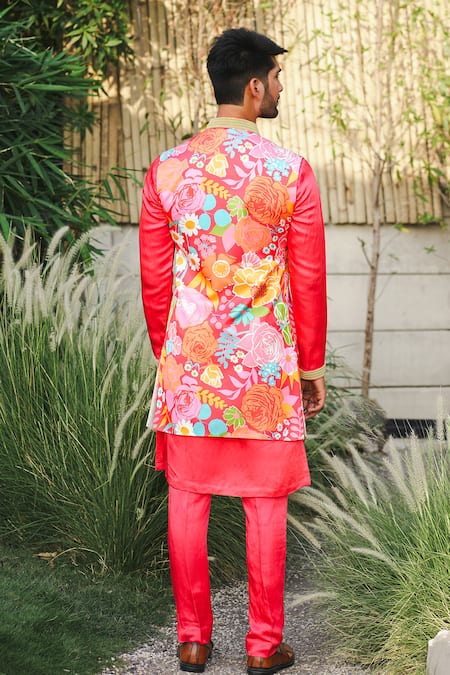 Niloufer By Aasif Ally Floral Printed Red Indowestern Set 