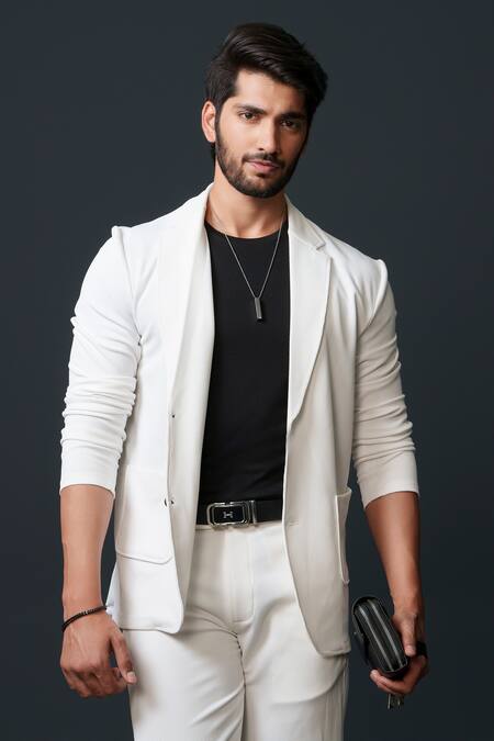 Shop_Niloufer By Aasif Ally_White Cotton Textured Jacket And Pant Set _Online_at_Aza_Fashions