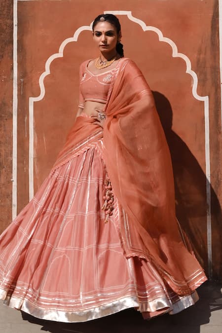 Baise Gaba_Orange Chanderi, Organza Gota Patti, Zari Hawa Mahal Printed Lehenga Set _Online_at_Aza_Fashions