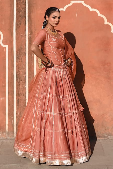 Buy_Baise Gaba_Orange Chanderi, Organza Gota Patti, Zari Hawa Mahal Printed Lehenga Set _Online_at_Aza_Fashions