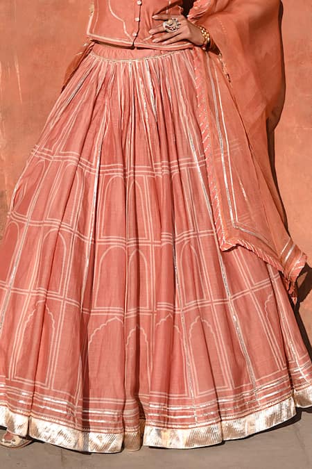 Shop_Baise Gaba_Orange Chanderi, Organza Gota Patti, Zari Hawa Mahal Printed Lehenga Set _Online_at_Aza_Fashions