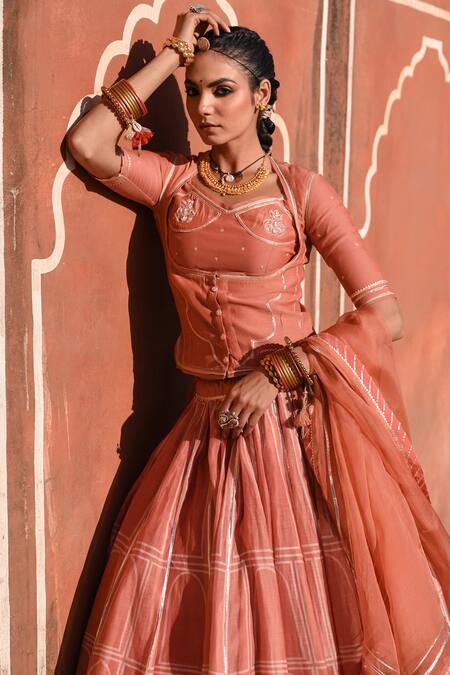 Baise Gaba_Orange Chanderi, Organza Gota Patti, Zari Hawa Mahal Printed Lehenga Set _at_Aza_Fashions