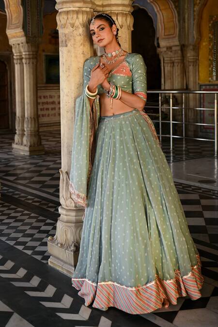 Baise Gaba_Green Chiffon, Muslin, Chanderi Embroidery V-neck Bandhej Print Lehenga Set _Online_at_Aza_Fashions