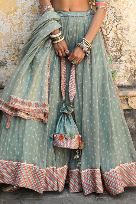 Shop_Baise Gaba_Green Chiffon, Muslin, Chanderi Embroidery V-neck Bandhej Print Lehenga Set _Online_at_Aza_Fashions