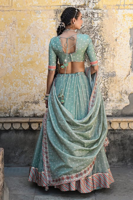 Shop_Baise Gaba_Green Chiffon, Muslin, Chanderi Embroidery V-neck Bandhej Print Lehenga Set _at_Aza_Fashions
